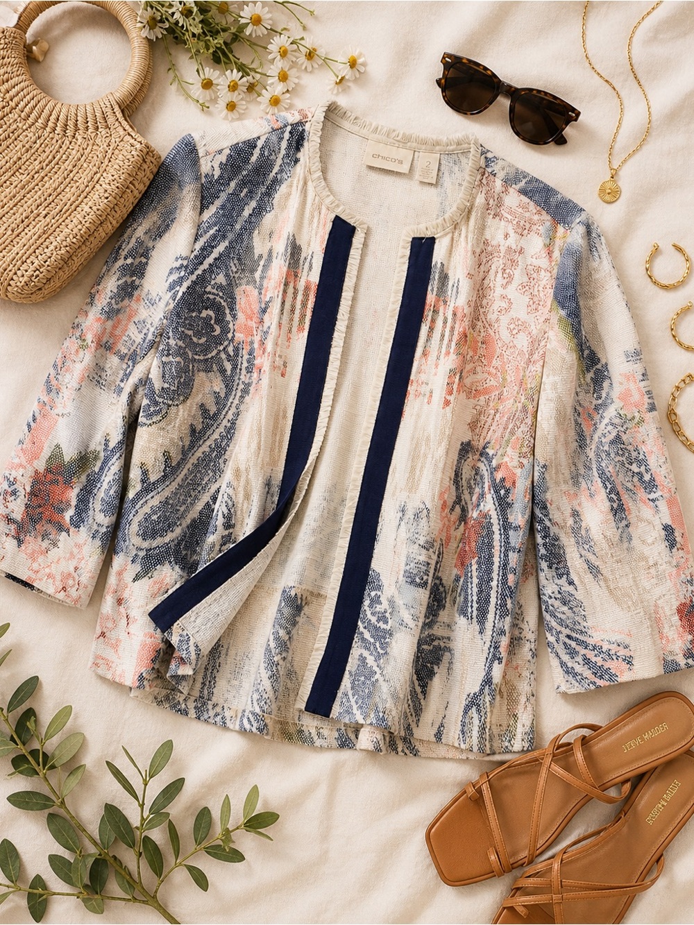 Chico’s Textured Floral Jacquard Open Jacket | Boho Coastal Blazer | Size 2 (M)